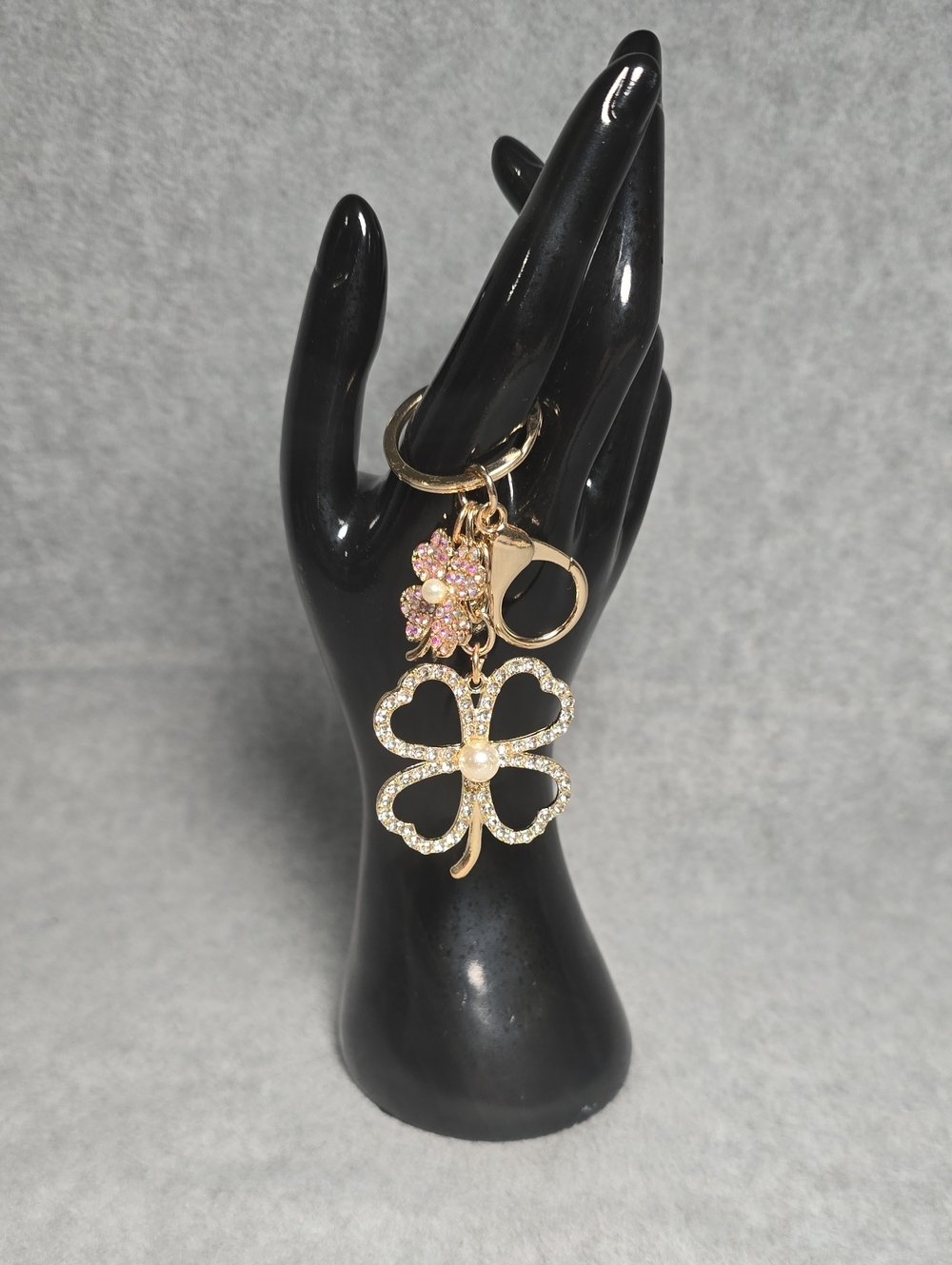 Gold-Tone Crystal Four-Leaf Clover Keychain/Bag Charm with Pink Flower Charm